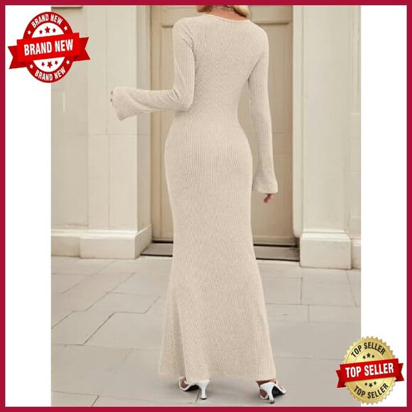 Long Sleeve Ribbed Knit Maxi Dress Boat Neck Bodycon Wedding Guest - Picture 5 of 8